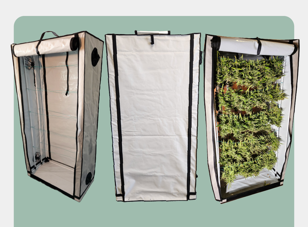 The image shows a vertical drying tent used for plants. It is depicted in three different perspectives:  Left View: The tent is open, revealing several adjustable mesh shelves inside. The tent has a rectangular shape, and ventilation ports can be seen on the side.  Center View: The tent is shown closed, with its front flap zipped up. The outer material appears to be a durable, reflective fabric.  Right View: The tent is open again, this time filled with rows of plants that are being dried. 