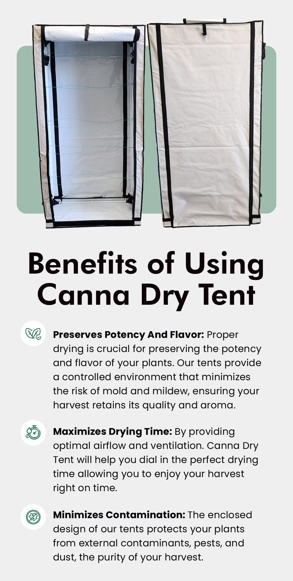 The image shows a vertical drying tent used for plants, displayed in two perspectives:  Left Side: The tent is open, revealing multiple empty mesh shelves inside. The interior is reflective, designed to maximize drying efficiency. There are ventilation ports visible on the sides of the tent.  Right Side: The tent is open and fully loaded with rows of plants drying on the shelves. The plants are evenly spaced and appear to be well-supported by the mesh, highlighting the tent's capacity for organized drying. 