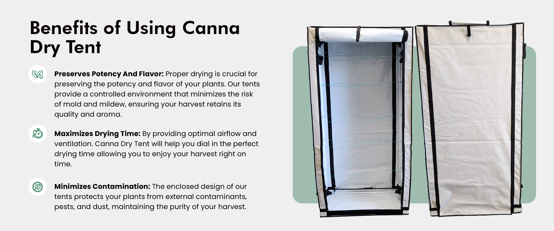 Cannabis Dry Tent, picture with the tent unzipped and then zipped up.