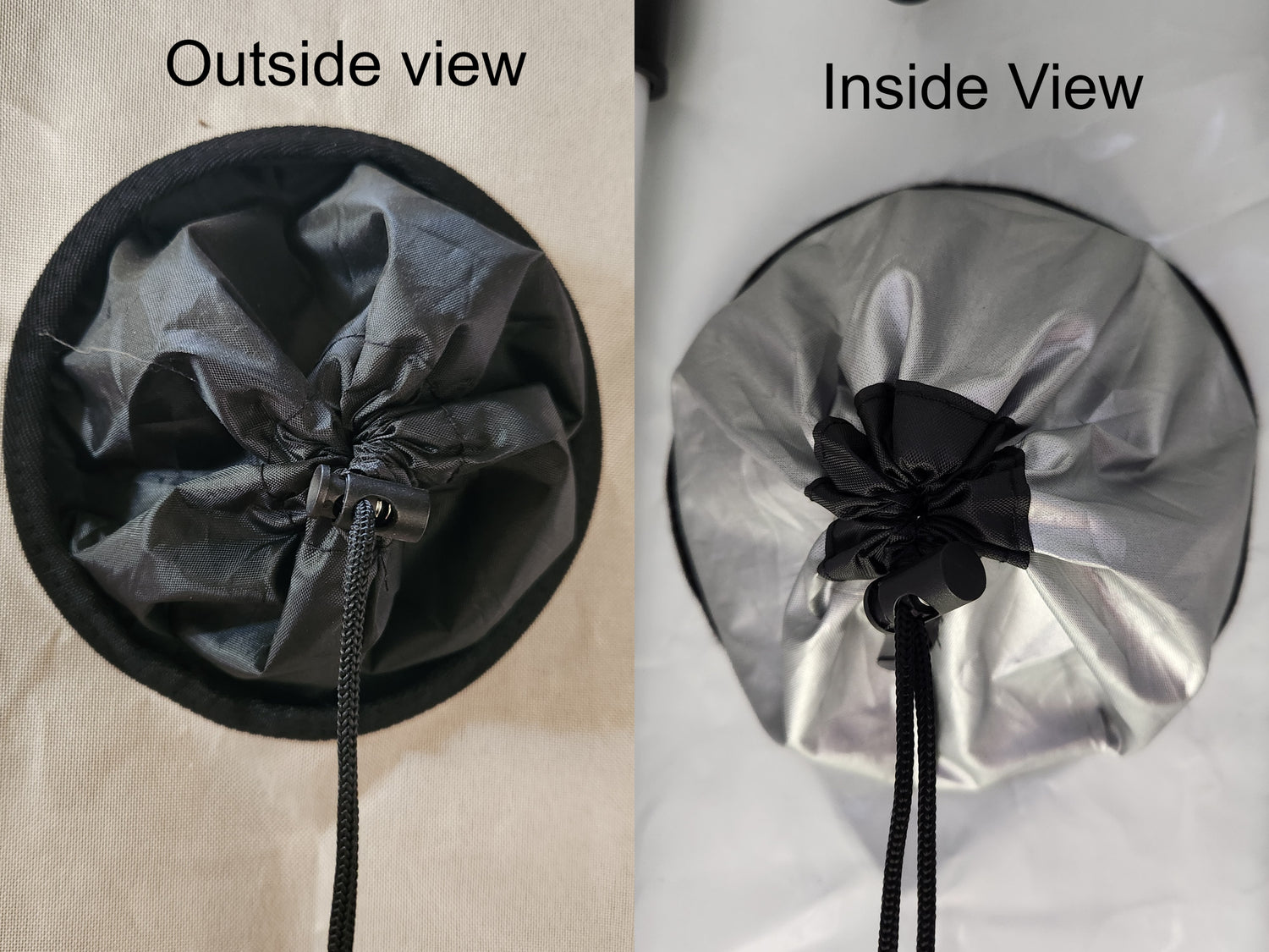 The image shows two views of a 6-inch vent on a Canna Dry Tent. The left side displays the outside view of the vent with a black double-cinching drawstring, while the right side shows the inside view with a similar drawstring setup. The text on the right explains that the tent has four 6-inch vents, with two on either side, all featuring double cinching drawstrings.